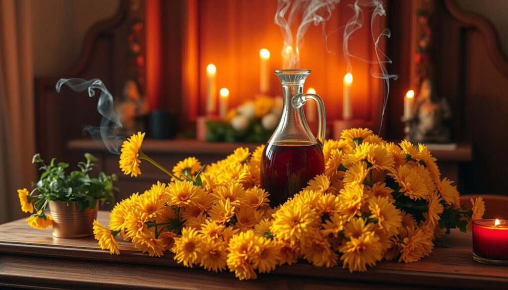 ofrenda espiritual con vino y flores